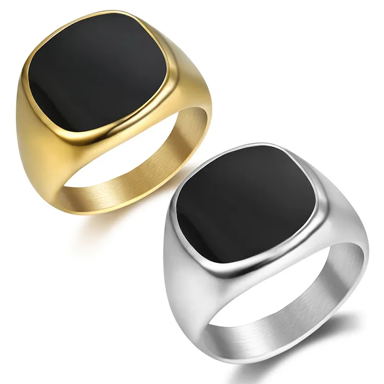 Anel de alta qualidade moda jóias homens de aço inoxidável banhado a ouro esmalte preto anel de dedo personalizado anel de sinete