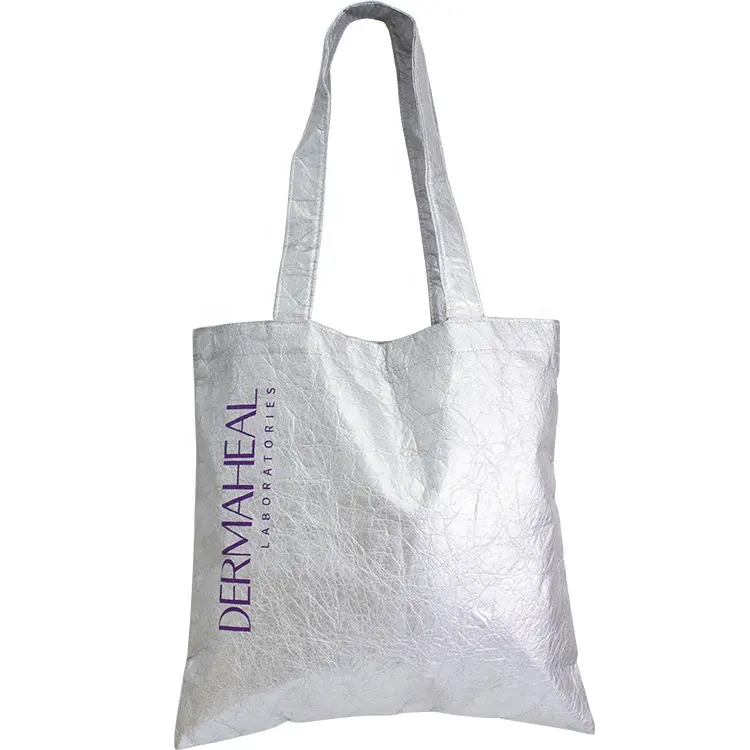 Tyvek 1075D 33x35cm avec support Non tissé 100gsm Logo personnalisé imprimé couleur argent sac de Shopping Tyvek