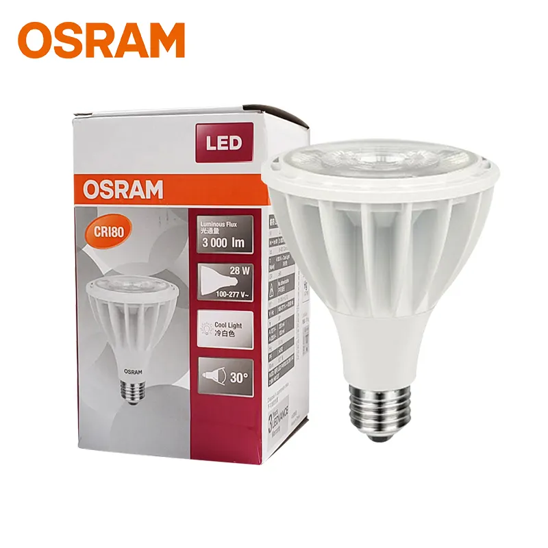 مصباح ليد PAR30 E27 من OSRAM 100-277 فولت 28 واط CRI80 3000 لومن إضاءة ليد 15 درجة 30 درجة لتطبيقات إضاءة الفنادق والمتاجر