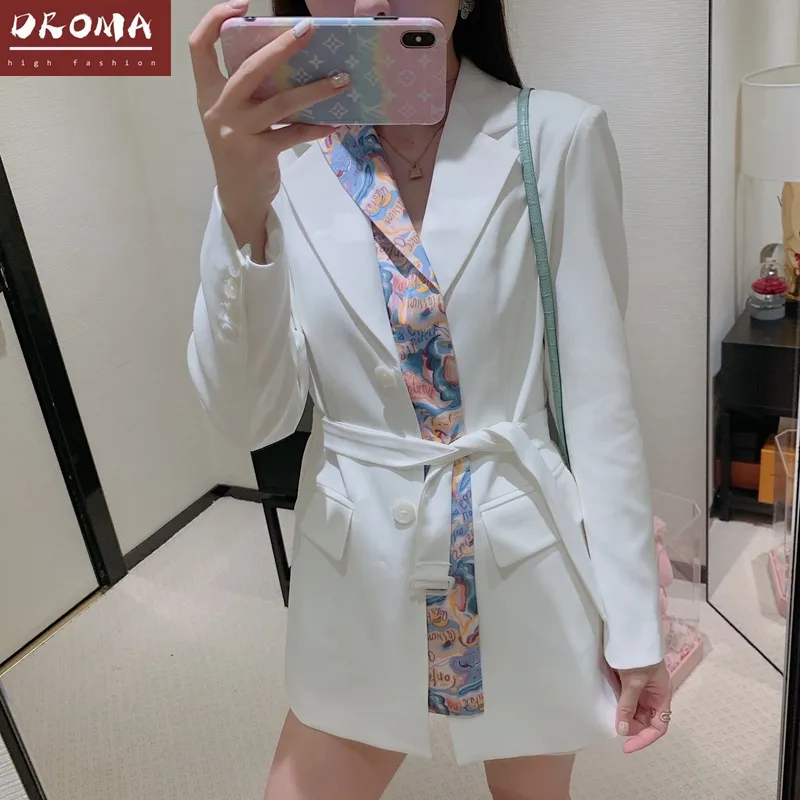 Droma high quality ladies blazer designs INS high fashion graceful silk lapel tight-waist white long blazer women suit