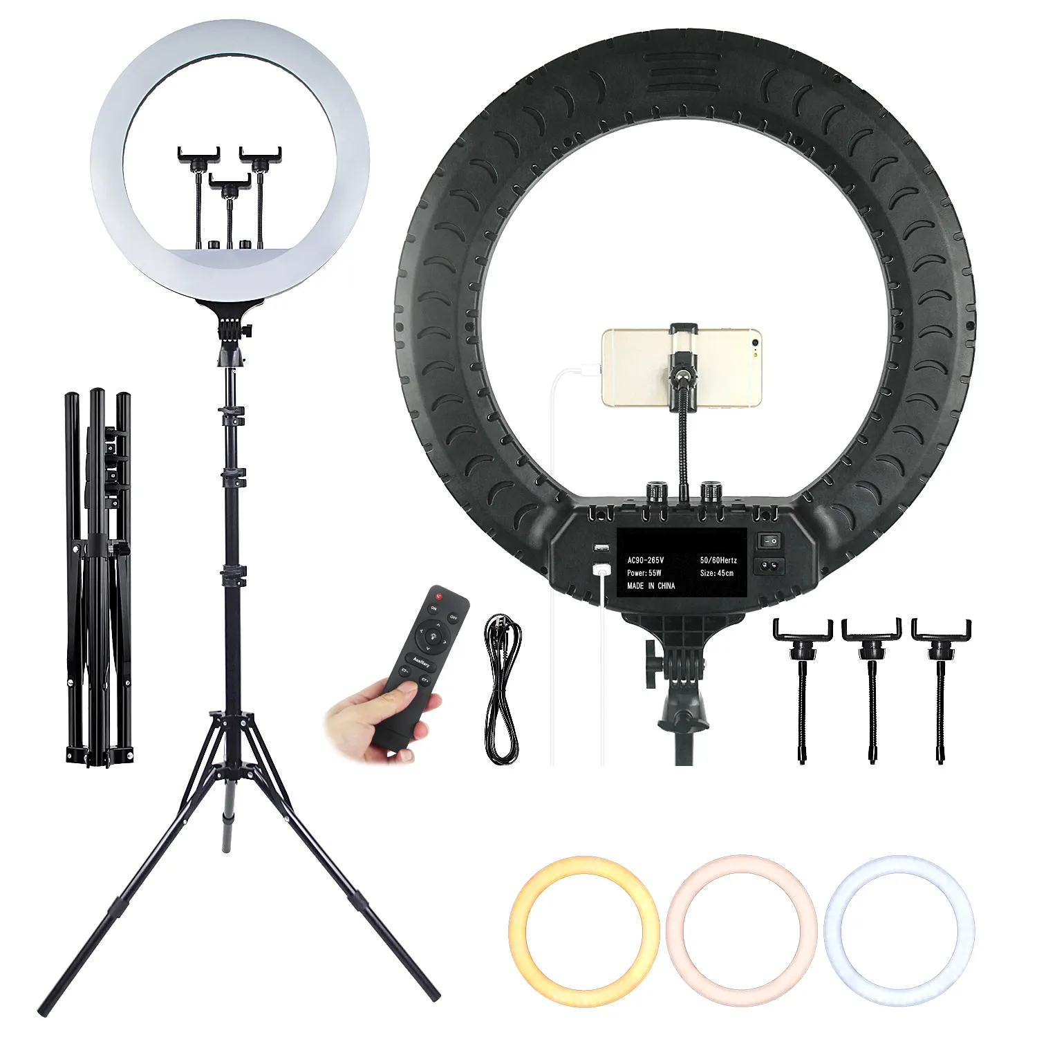 Anel iluminado regulável de led, 18 polegadas, para fotografia, selfie, maquiagem, beleza, rl18, tripé e suporte de 2.1m