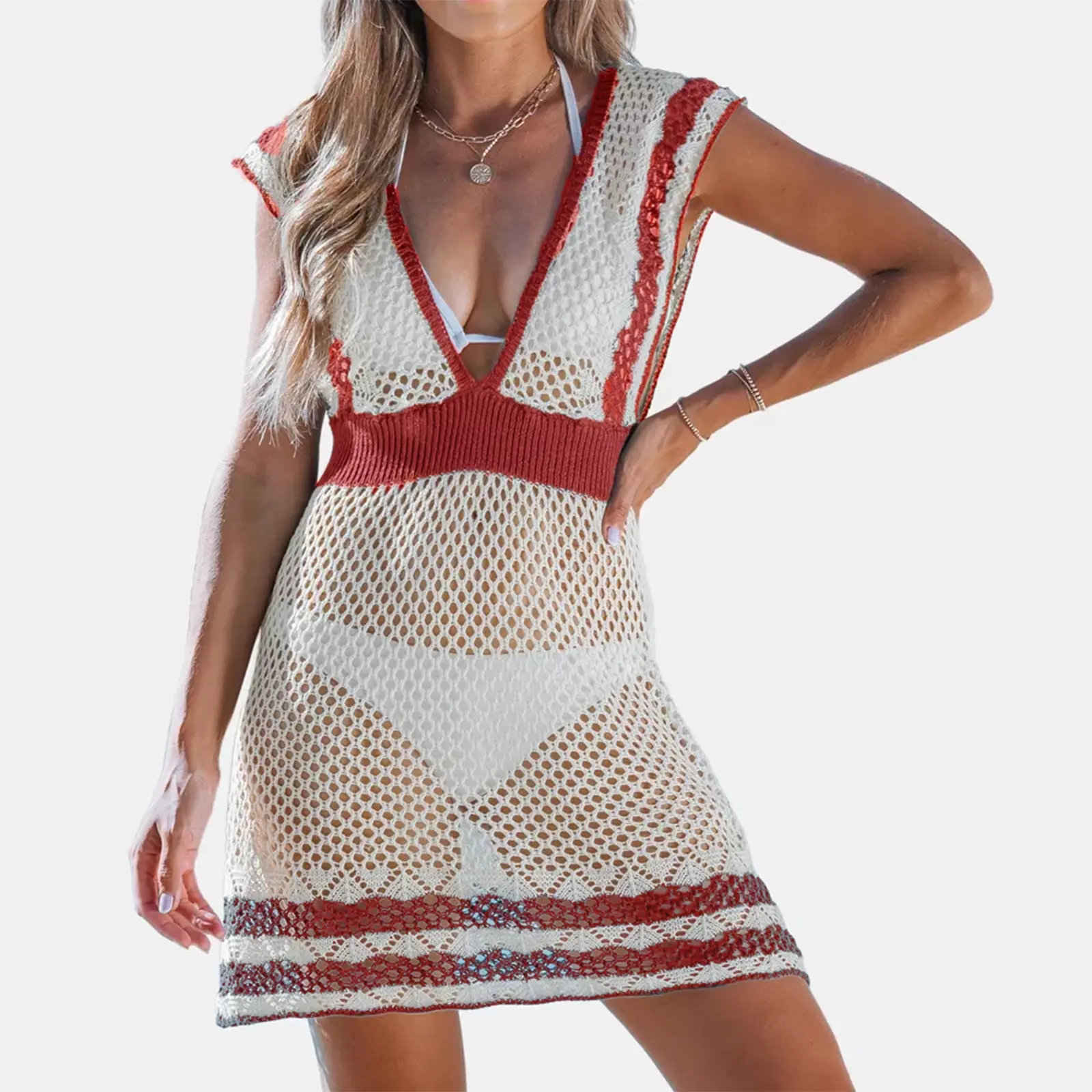 Custom Boho Beach Wear hundiendo cuello en V Tank Vestido de punto Hollow Out Crochet Cover Up Dress