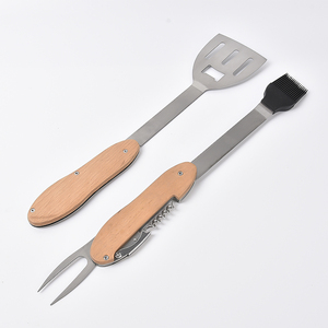 户外野营烧烤5合1烧烤工具可折叠多功能烧烤工具套装不锈钢木柄 - Product Image 4