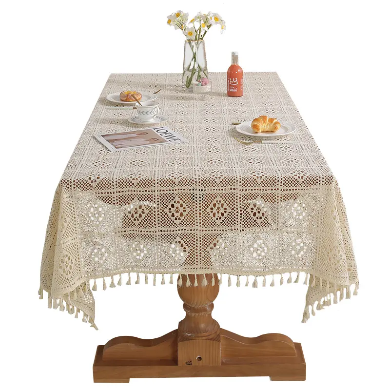 Retro crochet pizzo cavo in cotone cotone cotone tovaglia antiscivolo copri tavolo da pranzo beige bianco