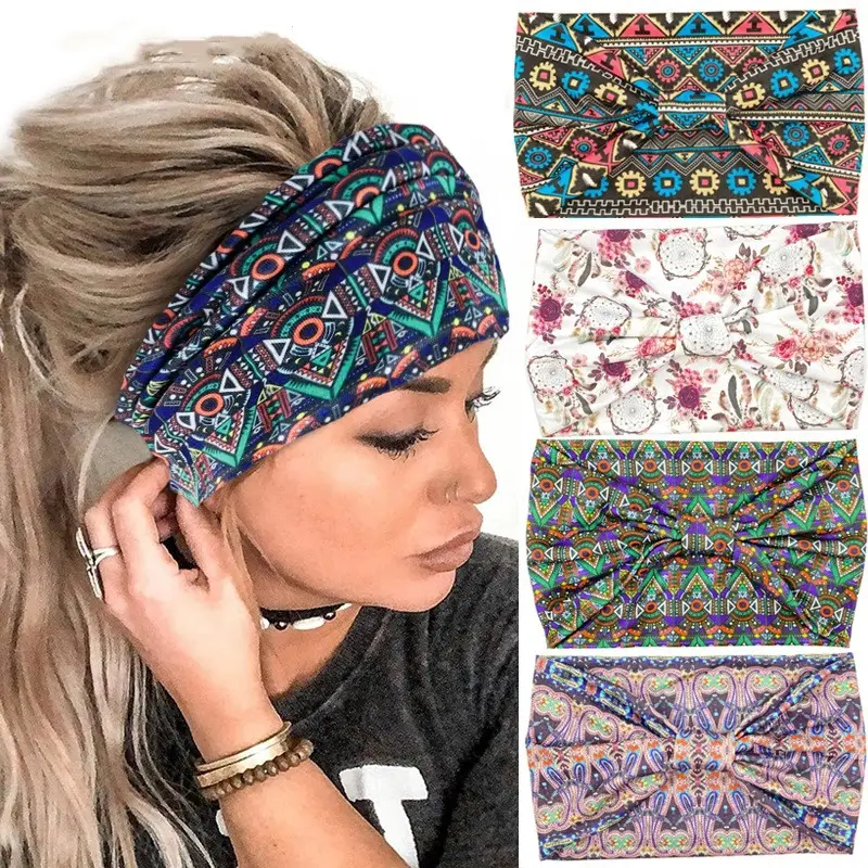 BELLEWORLD European and American new style Boho print knotted cross elastic wide headband designer head bands