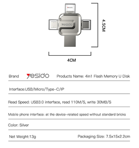 Memoria Flash 4 en 1, unidad Flash USB 3,0, interfaz de lectura, velocidad de 110 M/S, escritura de 30 MB/S, OTG, para interfaz USB/Micro/tipo-c