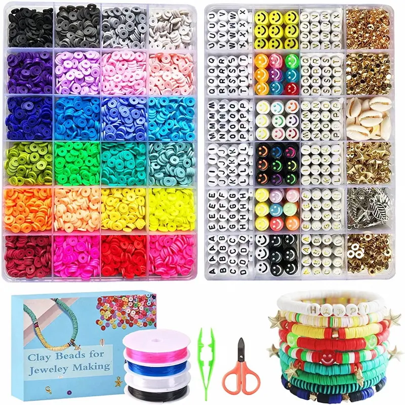 Vente en gros de 7200 pièces ensemble de perles en argile bricolage 48 grilles de perles en vrac lettre et sourire kit de bracelet en argile polymère rond plat