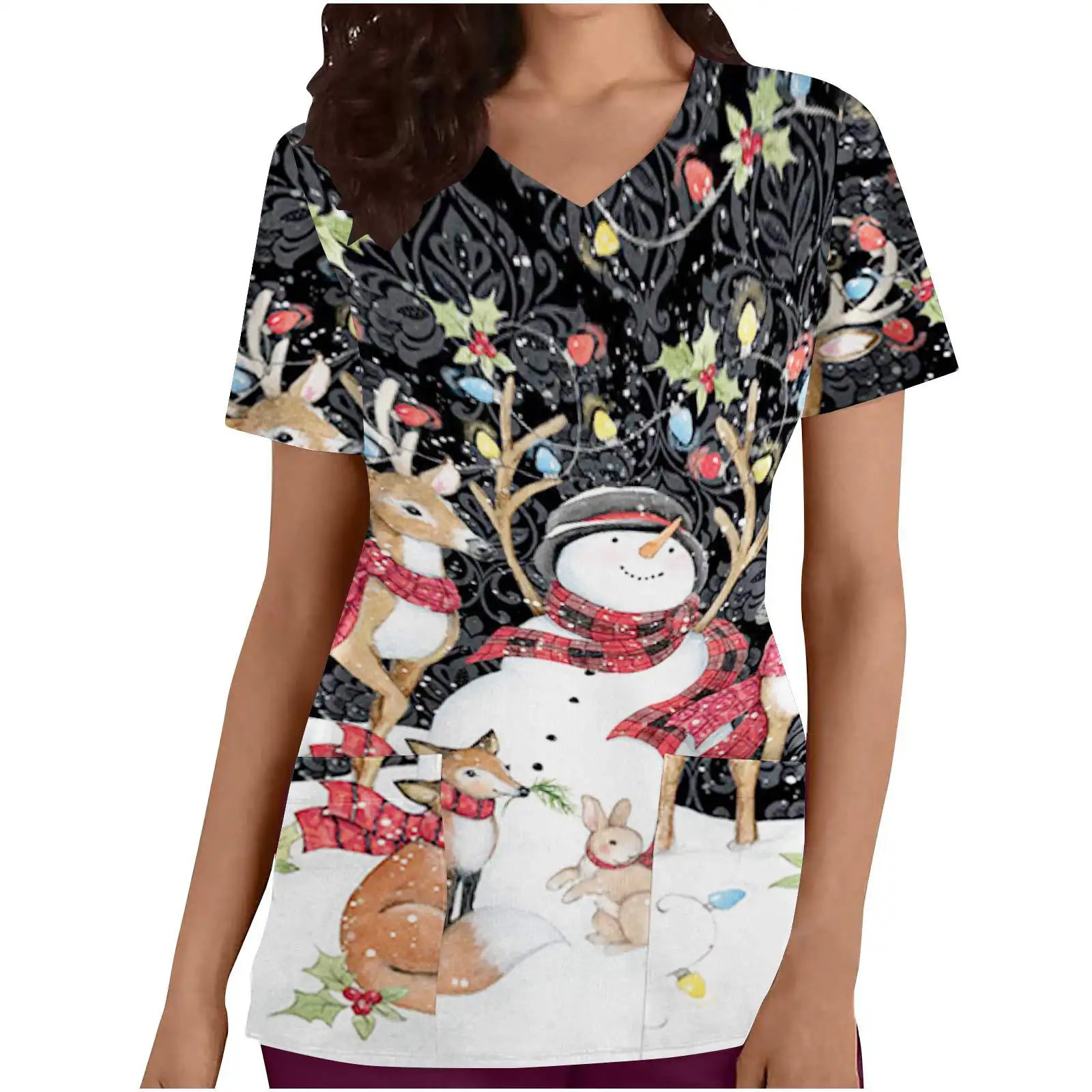 Colorido estampado médico cuello en V patrón elástico Hospital Santa Claus árbol de Navidad Rudolph unisex mujeres hombres enfermera Scrubs tops