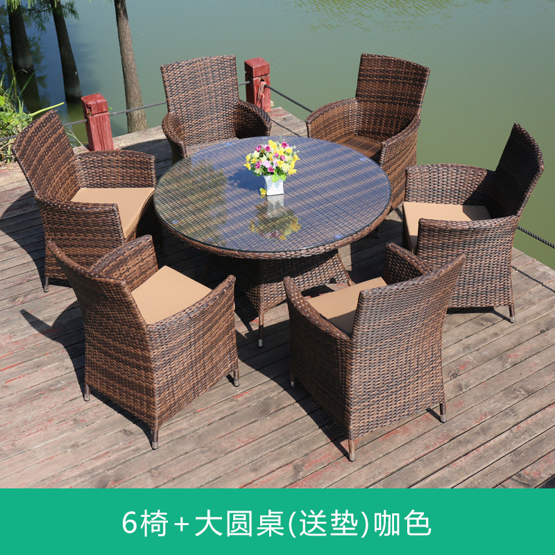 6 chair + 120x120cm round table with cushion-coffee color