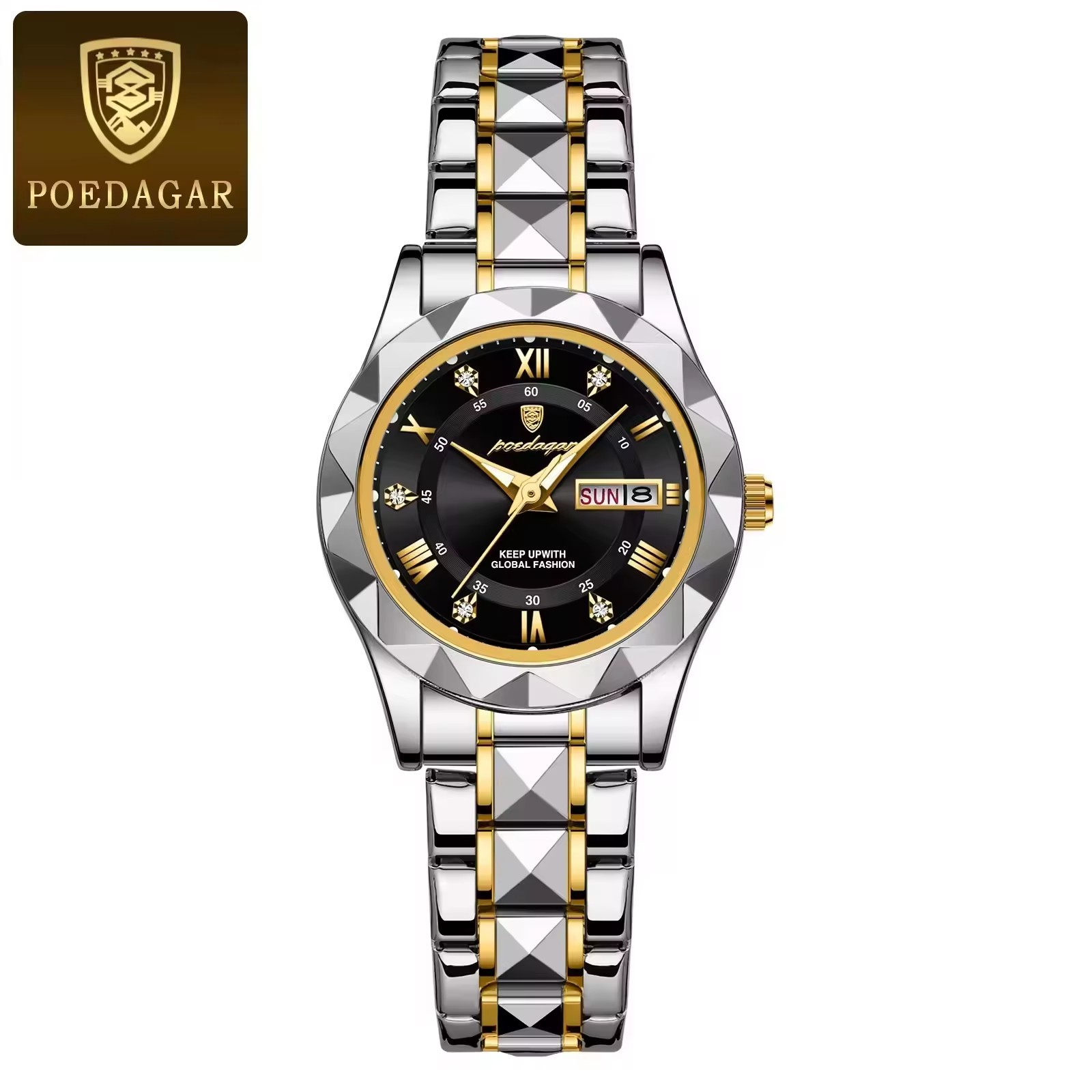 black dial silver gold strap