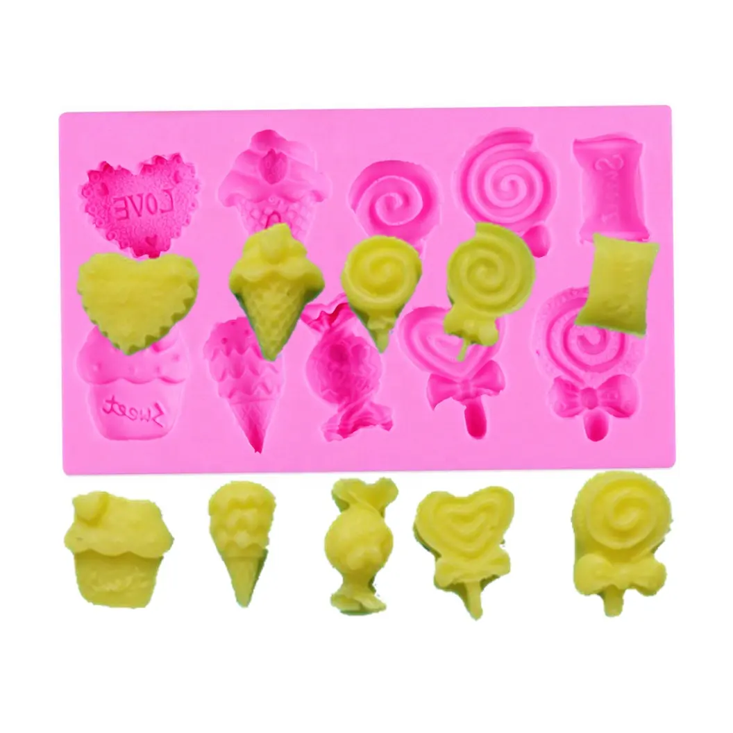 Rectangle 10pcs 3D drôle coeur crème glacée gâteau bonbons forme douce moule en silicone