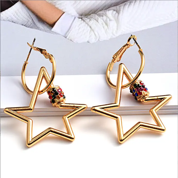 8 color New design gold metal pentagram earrings Colorful crystal star Dangle Drop Earring Fashion Jewelry Accessories for women