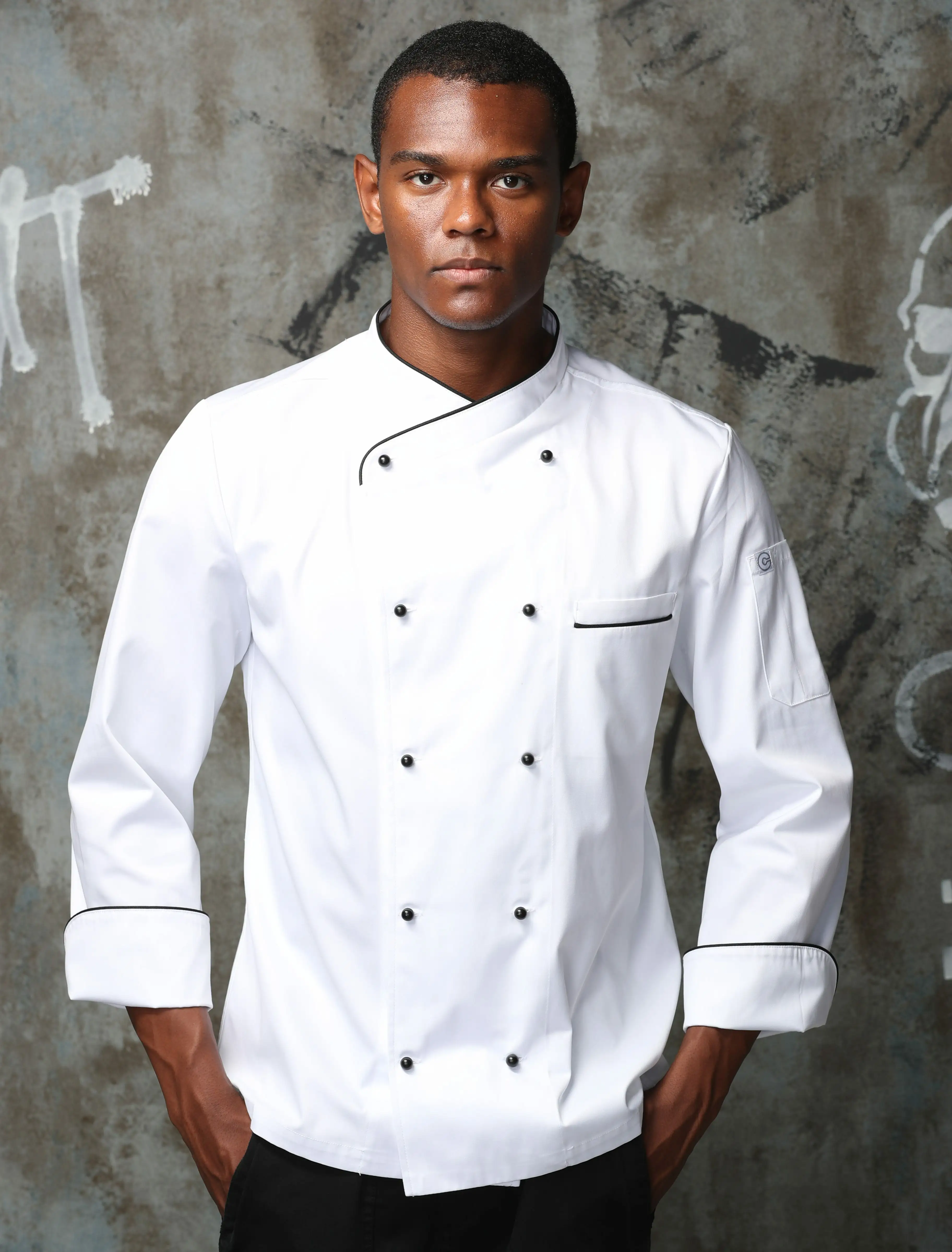 CHECKEDOUT Stud botones unisex manga larga chef ropa blanco resistente al lavado chef restaurante y bar uniforme y chef chaqueta