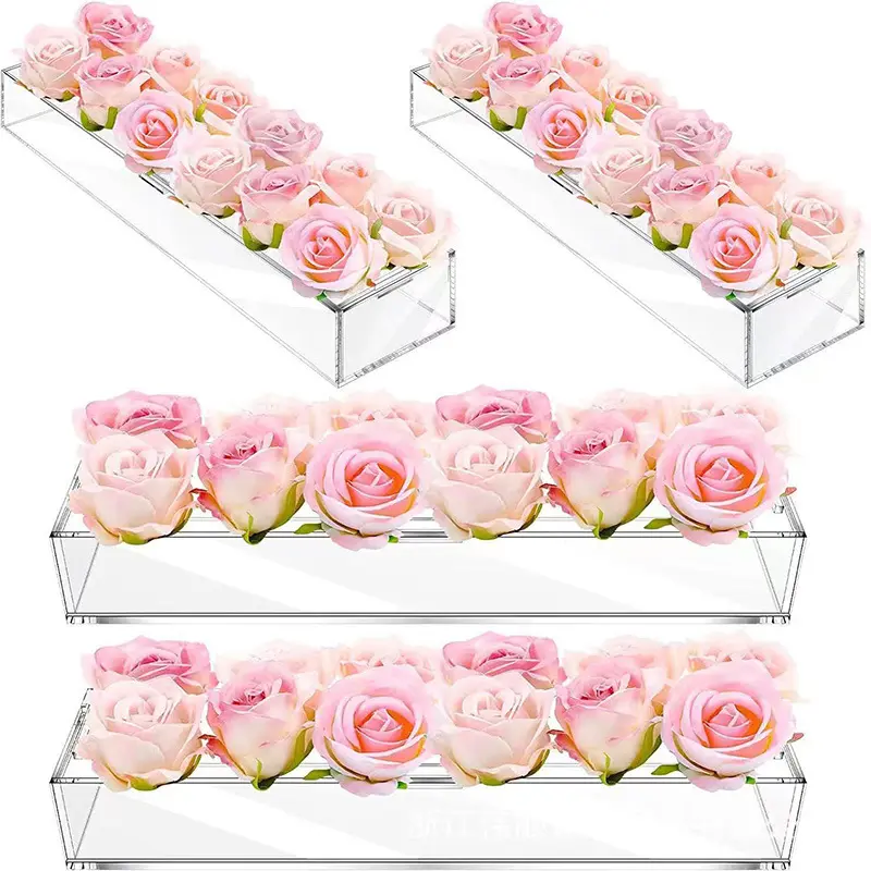 Caja de rosas acrílicas transparentes rectangulares de 12 pulgadas de largo, jarrón decorativo moderno para el hogar para arreglo floral, jarrón de plástico para suelo