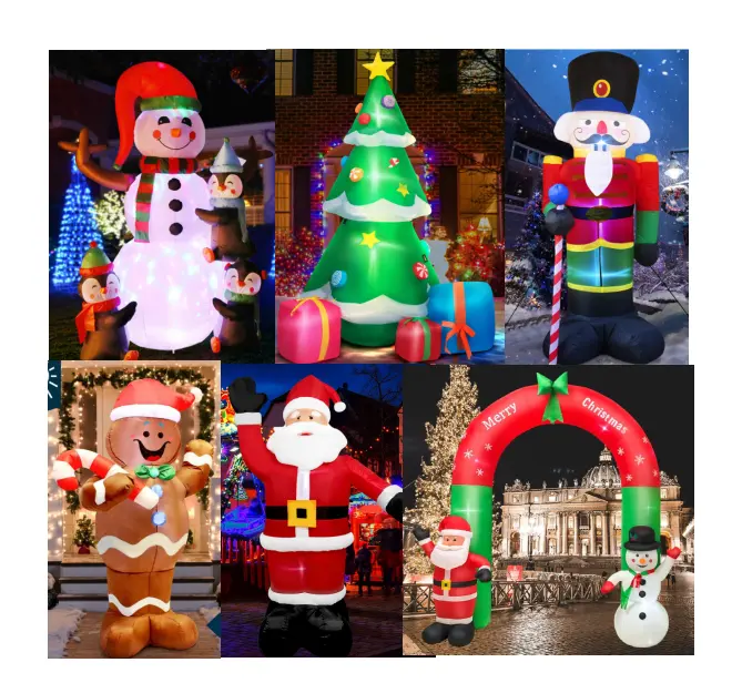 Levensgrote Blow Ups Outdoor Kerst Verlichte Santa Slee Boog Sneeuwpop Peperkoek Boom Springkussens Tuin Decoraties