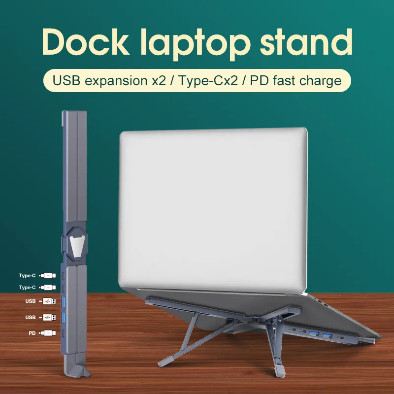 Première mondiale Station d'accueil portable en alliage d'aluminium Support pour ordinateur portable USB Angle de hauteur réglable Support pour ordinateur portable pliable