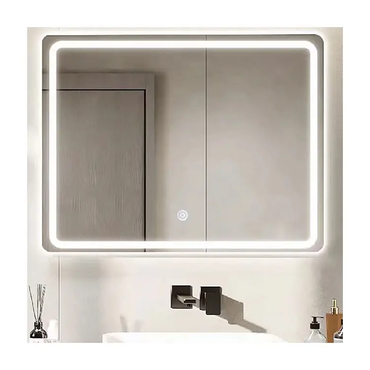 مرآة حمام ذكية عصرية مستطيلة الشكل بشاشة LED تعمل باللمس وتتميز بمبيعات عالية من المصنع