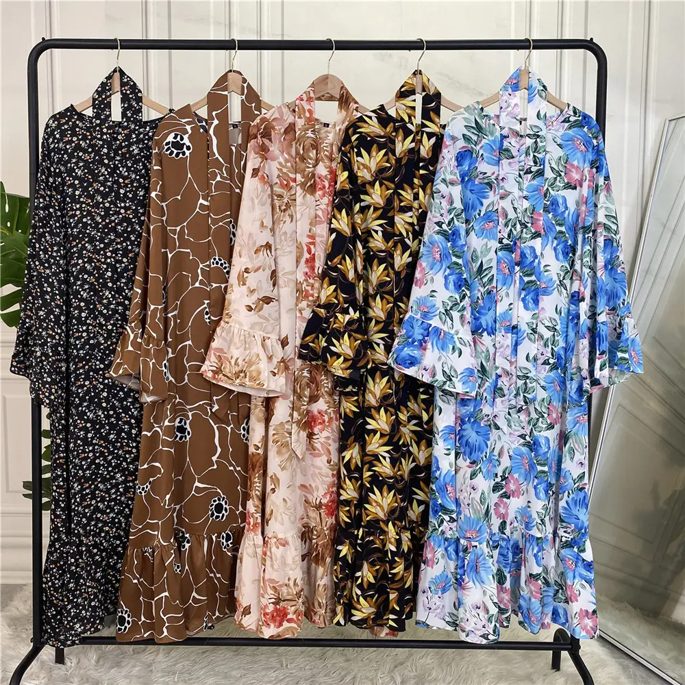 Crew Neck Kaftan Vestidos Robe Retro Floral Printed Maxi Women's Autumn Sundress 2023 Female Abaya Dubai Hijab Muslim Dress