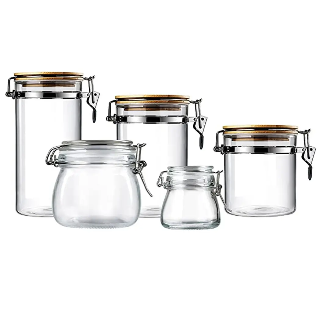 Glass Jar with Sealing Bamboo Lid and Leak-Proof Rubber Gasket, Wide Mouth Mason Jar with Kitchen Hinged Lid