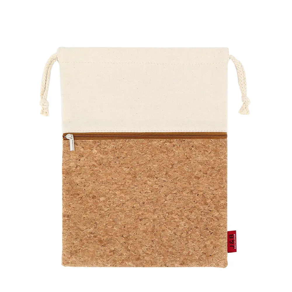 Fabriek Oem Kurk Trekkoord Zakken Met Rits Pocket Natuurlijke Katoenen Canvas Gift Pouch Make-Up Tas Trekkoord Verpakking Zak