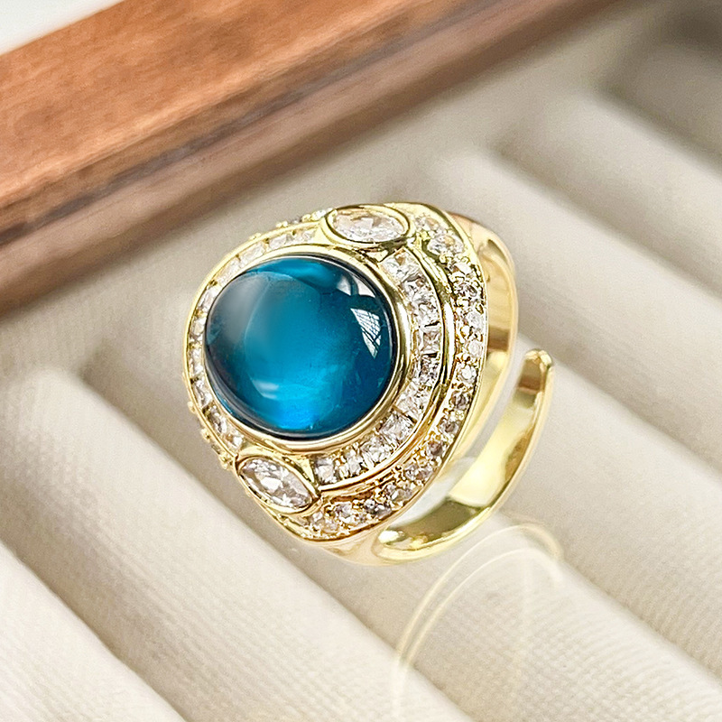 Bague bleue à cristal pointu, taille ajustable