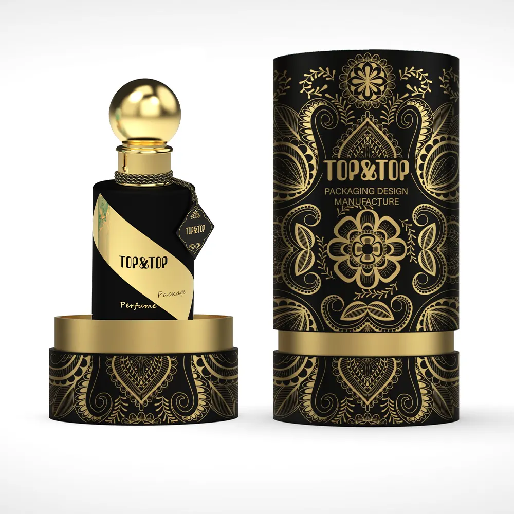 Desain baru kustom logo Mewah Unik tebal bawah bulat 50ml botol parfum hitam 100ml botol parfum kosong dengan kemasan kotak