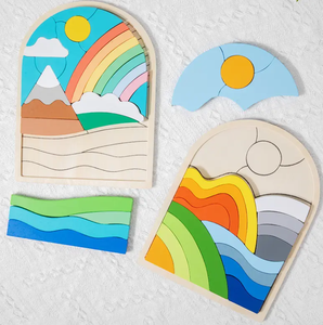 Wooden Toy Cartoon Cute Flower Rainbow <strong>Pattern</strong> Color <strong>Building</strong> <strong>Blocks</strong> Matching Toddler 3d Puzzle Board - Product Image 3