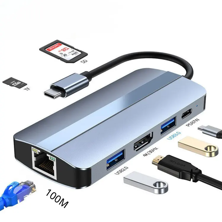 핫 SD Tf 카드 리더 스플리터 Hdtv Rj45 100M Vga USB Pd 고속 충전 7 in 1 USB C 허브 어댑터 유형 C 3.0 USB 허브