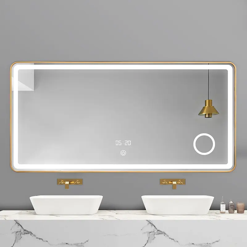 Marco de aleación de aluminio dorado, botón táctil rectangular inteligente con aumento LED de tiempo y temperatura, espejo de ducha iluminado