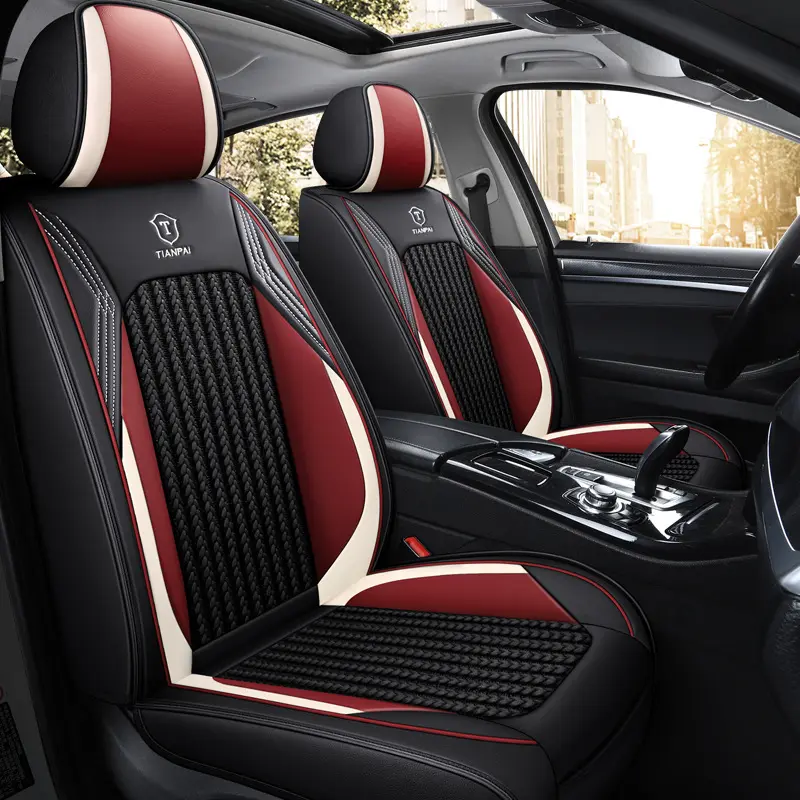 PU Leather Sweat Car Seat Cover 5 Seats Full Set Car Seat Cover Black Fine Needlework Red Line Stitching