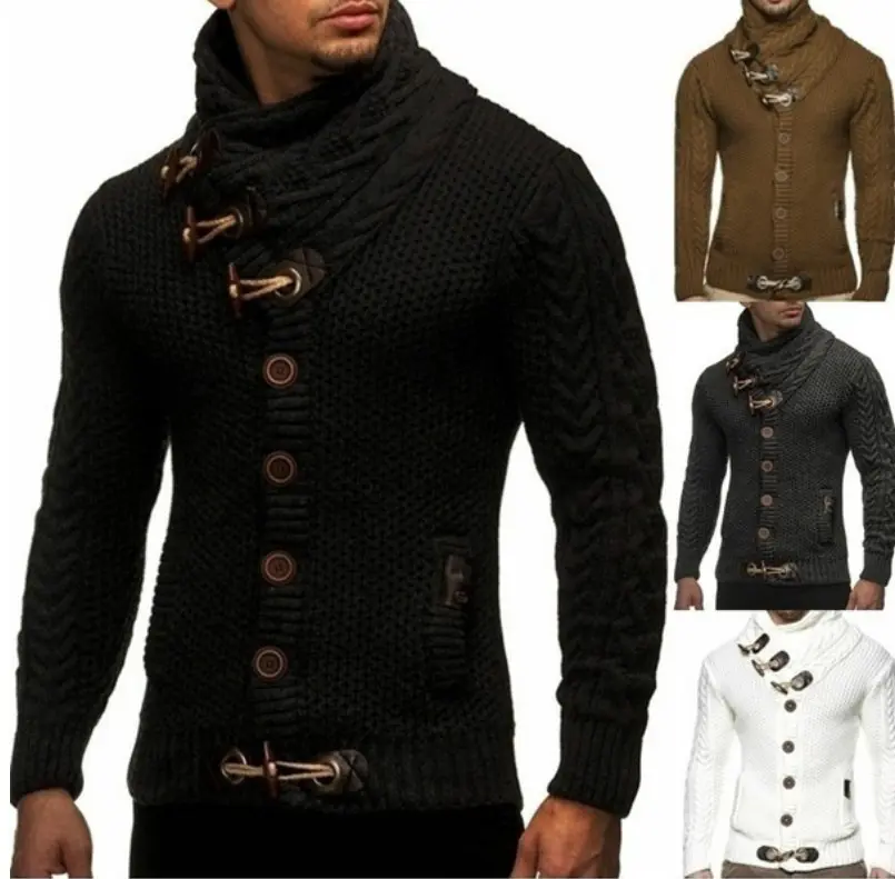 Cárdigan ajustado de cuello alto para hombre de otoño e invierno, cárdigan de un solo pecho, suéter de punto de manga larga de talla grande, ropa para hombre