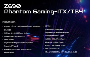NEW AsRock Z690 PG-ITX/TB4 Memory LGA 1700 Intl 13th GenZ690 PG-ITX/TB4 D5 DDR5