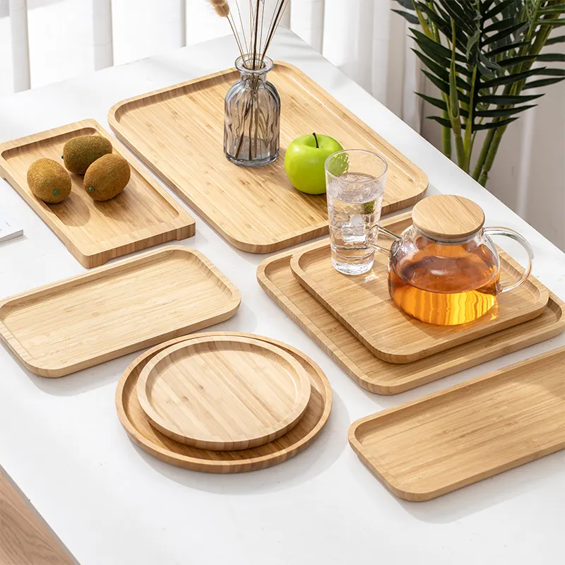 Bandeja de madera para servir, venta al por mayor, juego de bandejas de comida rectangulares personalizables multifunción, bandejas de madera para servir