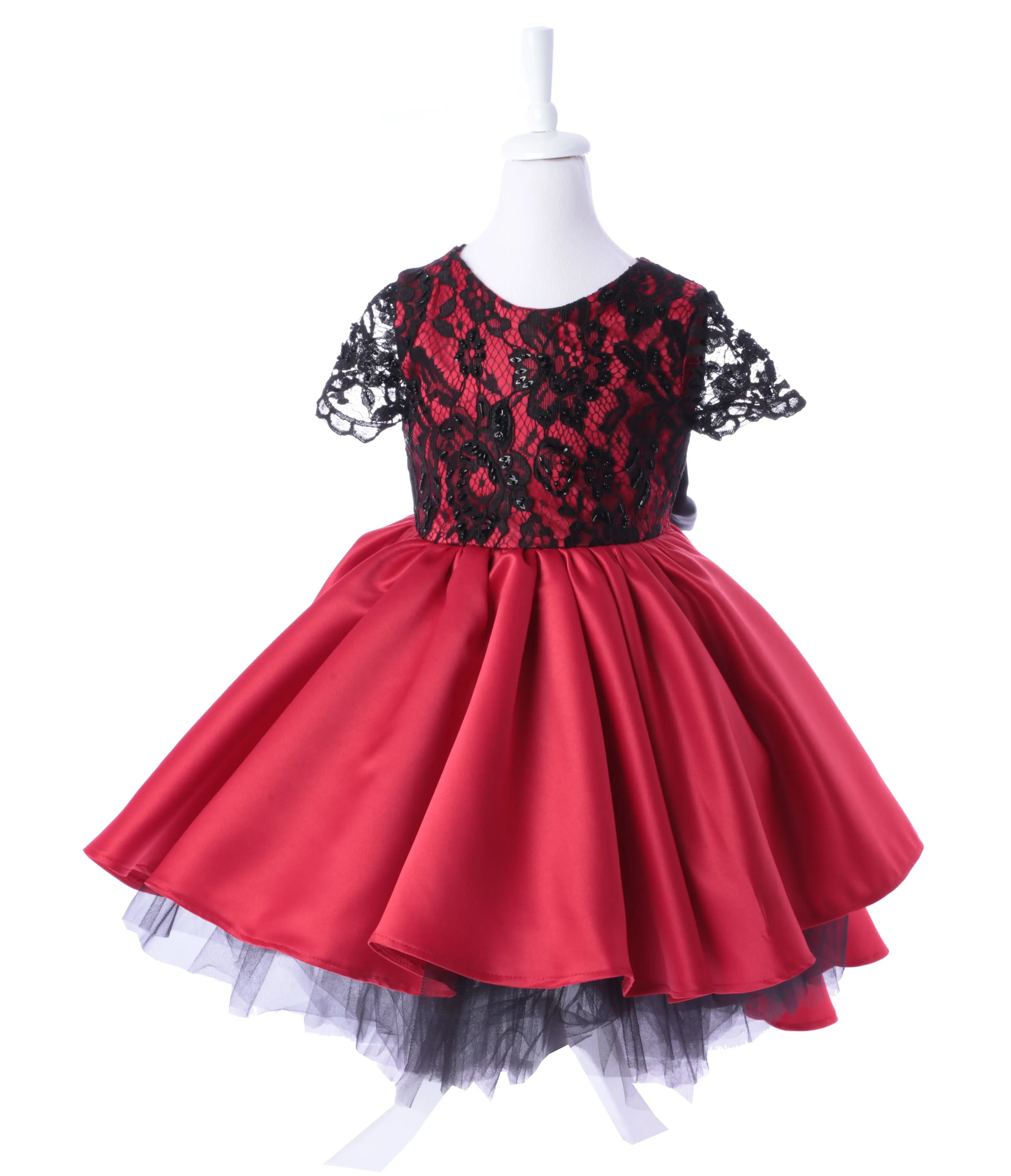 Vestido personalizado de manga corta para niña recién nacida, ropa de encaje de color rojo y negro, ropa de cumpleaños moderna, venta al por mayor