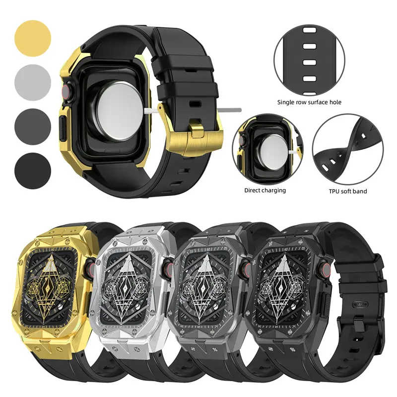 Luxury Men Shockproof Stainless Steel Full Gold Smart I Silicon Watch Rubber Strap Metal Case Band For Apple Series 8 7 6 SE