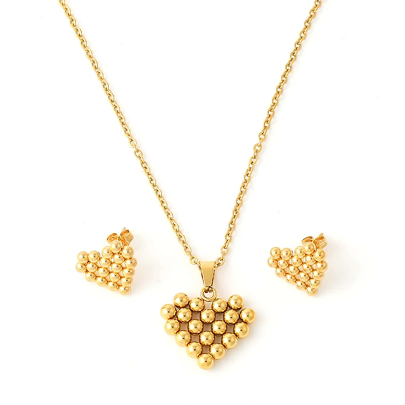 Conjunto de joyería de moda para mujer minimalista 18K oro acero inoxidable con cuentas corazón collar y pendientes conjunto para regalo