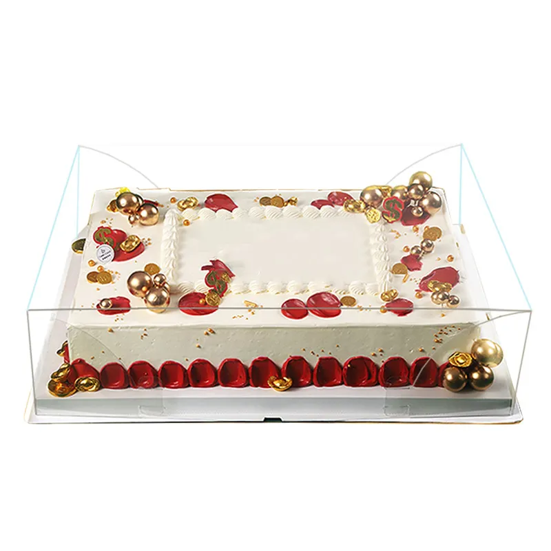 कस्टम लोगो जन्मदिन पार्टी बड़ा स्पष्ट वर्ग पालतू केक बॉक्स पैकिंग स्विस रोल स्पष्ट प्लास्टिक केक बॉक्स रिबन के साथ पारदर्शी