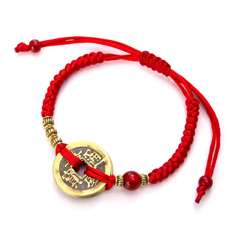 Hand gewebtes Good Luck Amulett geknotetes geflochtenes rotes Seil Kupfermünze Handgelenk verstellbares Armband