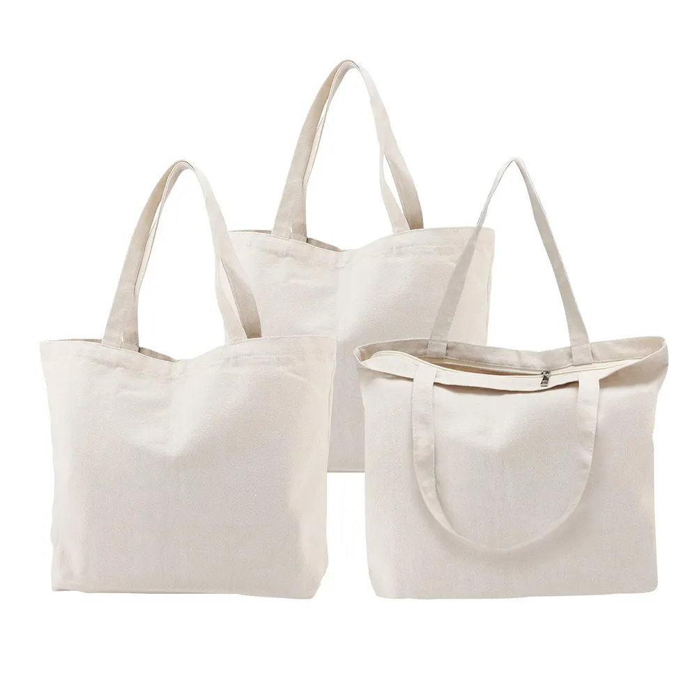 Customized Large Cotton Tote Plain Bags Cloth Canvas Woman Shoulder Foldable Reusable Zipper Shopping Bag With Logo