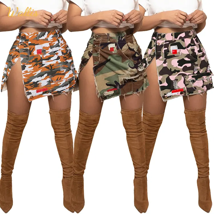 Wholesale Summer Fashion Clubwear Clothes Female Side Slit Camouflage Jeans Short Dress Denim Mini Skirts Women Sexy Skirts