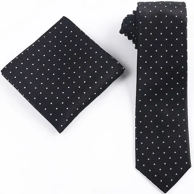 Erkekler için siyah ve beyaz Polka Dot Polyester boyun kravat ve cep kare seti