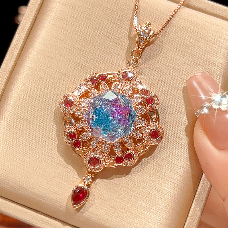 Pink blue pendant with box chain