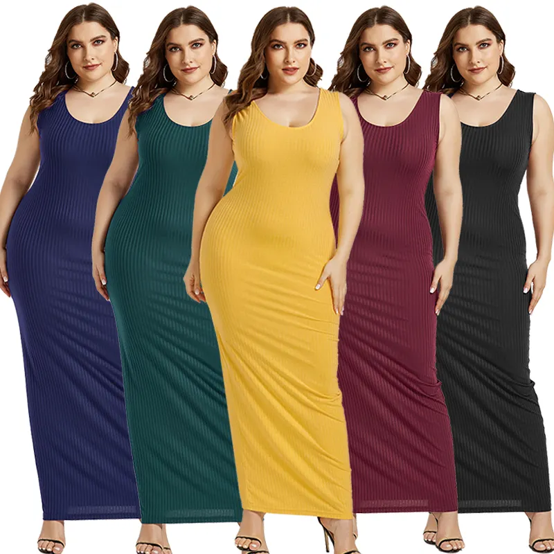 Vestido casual feminino, vestido casual da moda para mulheres, plus size, cor sólida, vestido sem mangas fp7510