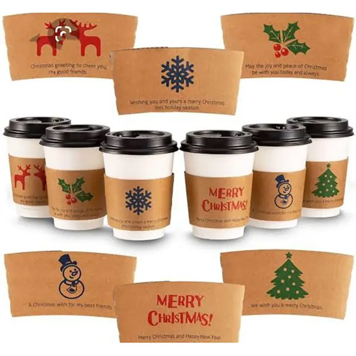 Estilo navideño Logotipo temático personalizado Reciclado 8 12 16 20 24 Oz Bebida fría y caliente Taza de café de papel desechable con manga