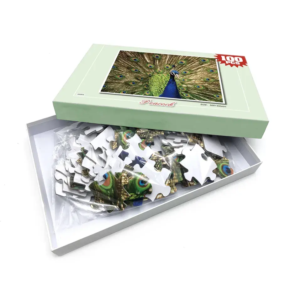 Rompecabezas de cartón con estampado personalizado para niños, rompecabezas de 100 piezas con estampado de pavo real