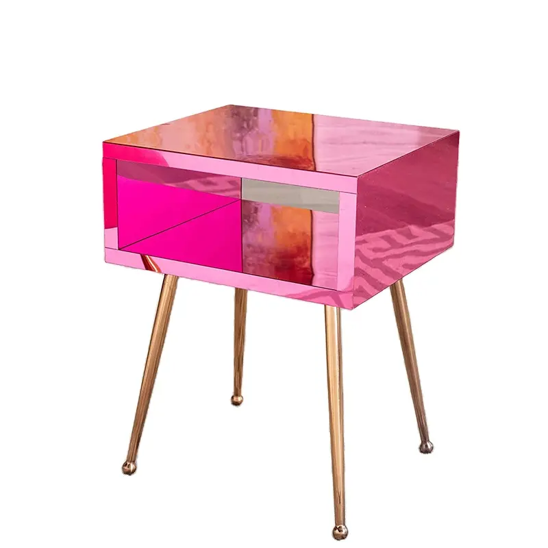 Table de chevet moderne et élégante en miroir avec poignée en cristal, finition à la mode