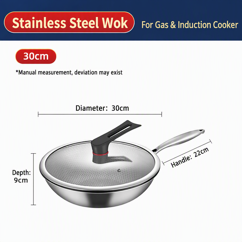 3-Layer Stainless Steel Wok 30cm