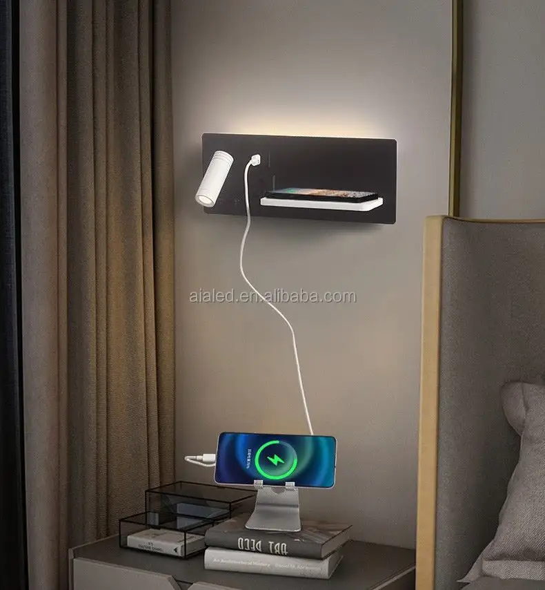 Lámpara de pared de lectura multifuncional para hotel, hogar, villa, apartamento, tipo C USB, cargador inalámbrico, luz de noche, lámpara de dormitorio