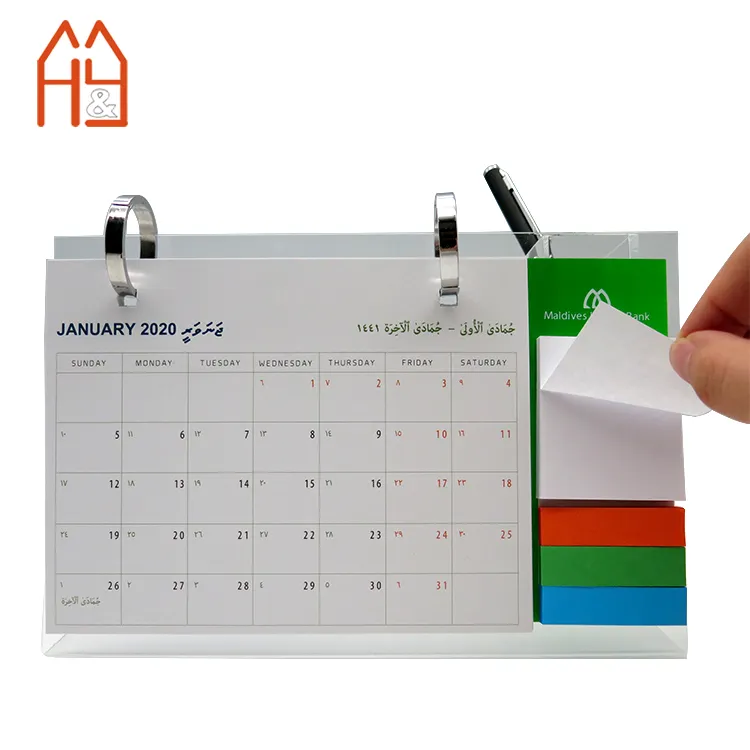 Calendario de escritorio personalizado de diseño único, mesa de calendario acrílico, regalo de promoción de papelería con notas adhesivas y soporte para bolígrafo