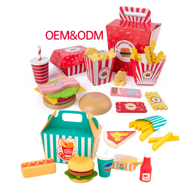 Juego de imaginación preescolar juegos de cocina de madera niños juguetes de comida rápida conjunto hamburguesa patatas fritas Cola modelo Diy juguetes de cocina para niños